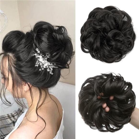 Off Black Large Messy Bun Hair Piece Wavy Curly Scrunchies Synthetic Chignon - Picture 1 of 1